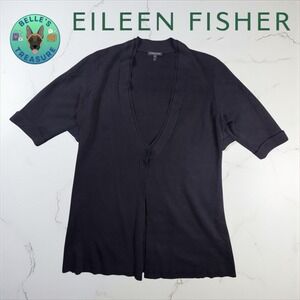 Eileen Fisher Sweater Womens Petite Large Cardigan‎ Black Deep V Neck Silk Blend